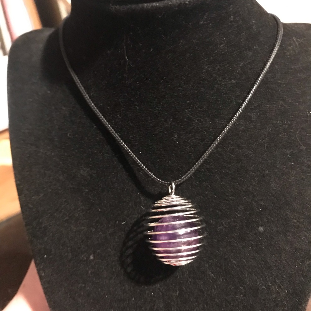 Silver Cage Amethyst Pendant Necklace - Purple